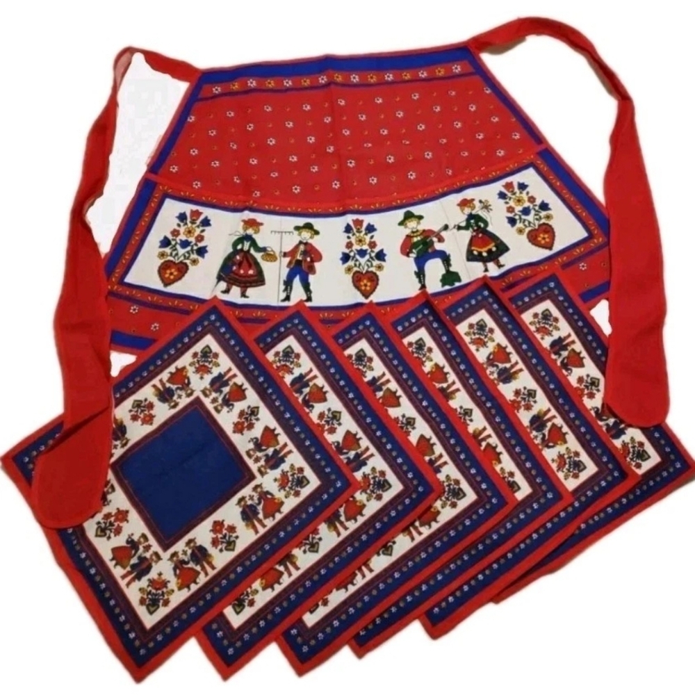 Folk Art Small/Kid Size Apron And 6 Napkins Red Blue 3 Pockets Decor EUC